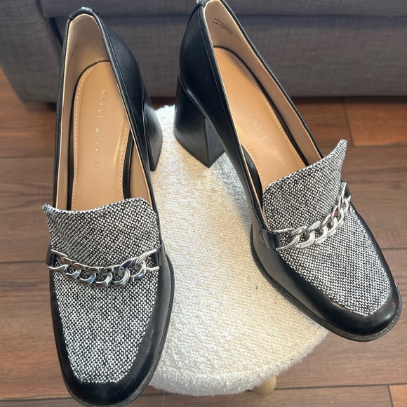 Kelly & Katie Shoes - Preppy Classic Tweed Pumps/Loafers Black Faux Leather Exterior, Block Heel